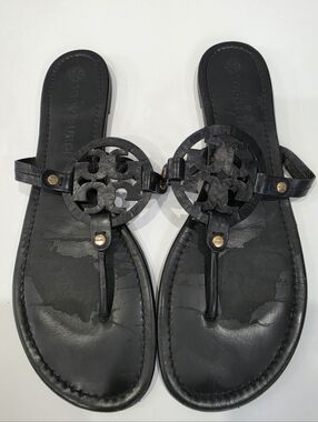 Tory Burch Miller Sandals Black Size 13 Rare Laser Cut Logo